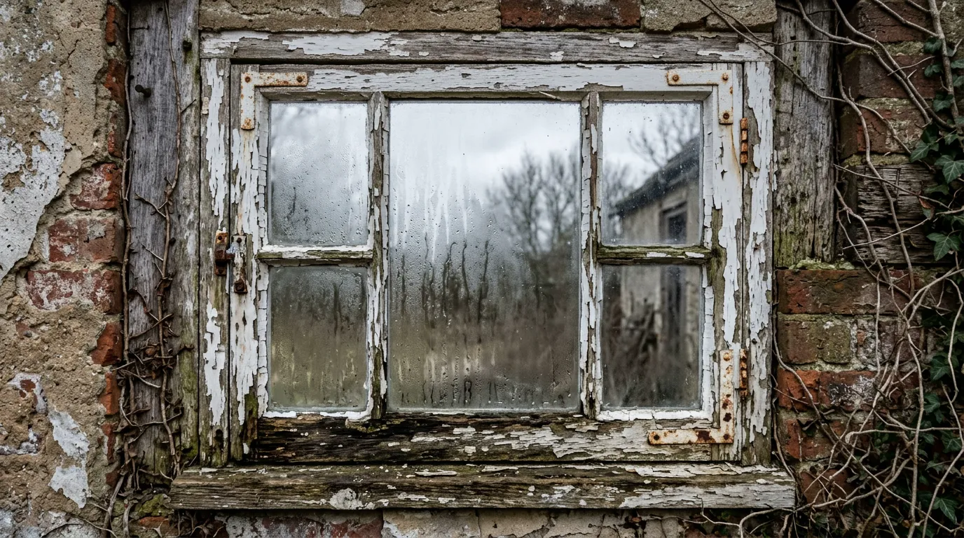 Old single-pane wood window with failing seals, condensation, and peeling paint