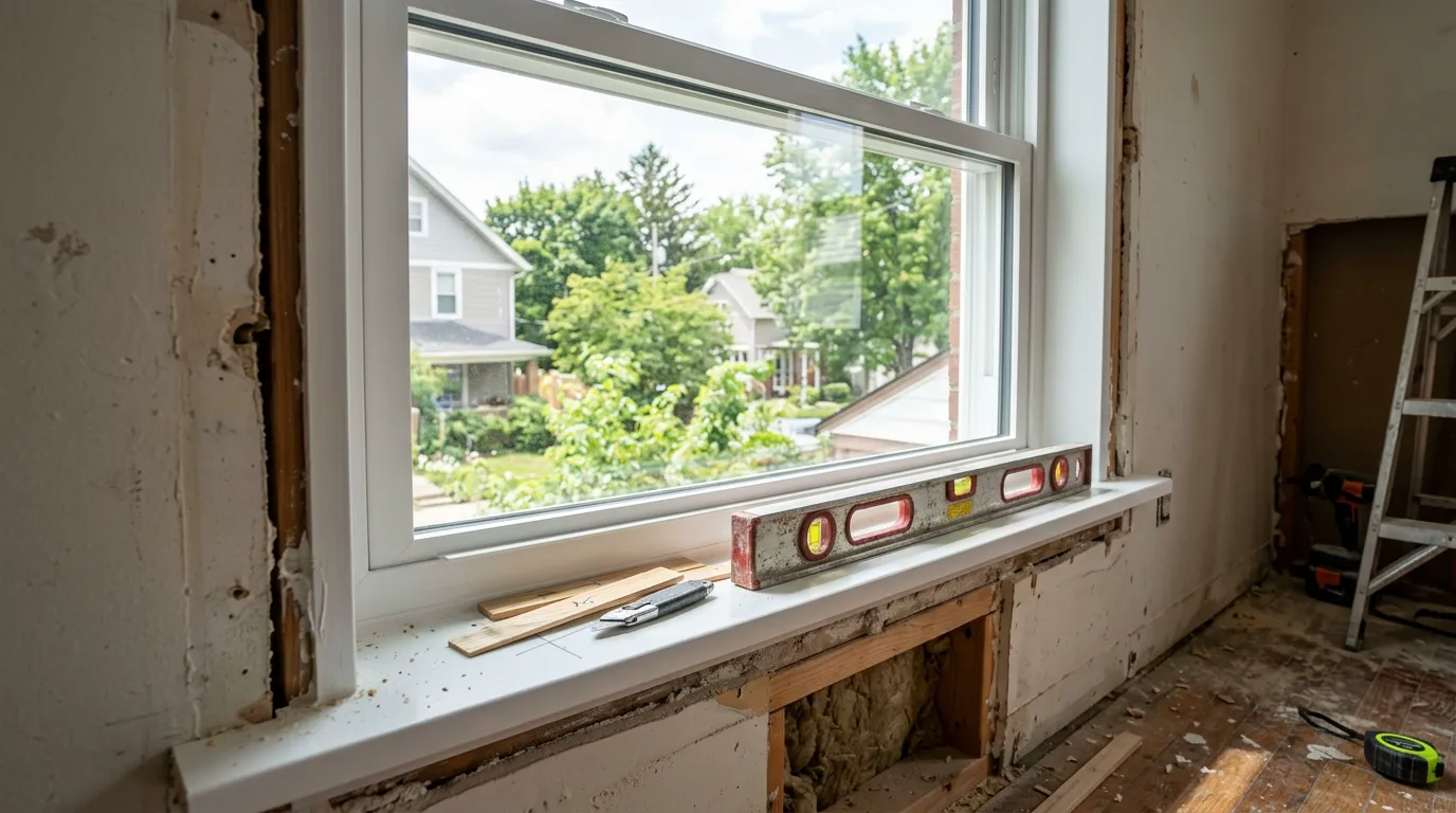 New white vinyl replacement window set in an opening with a level and shims during installation